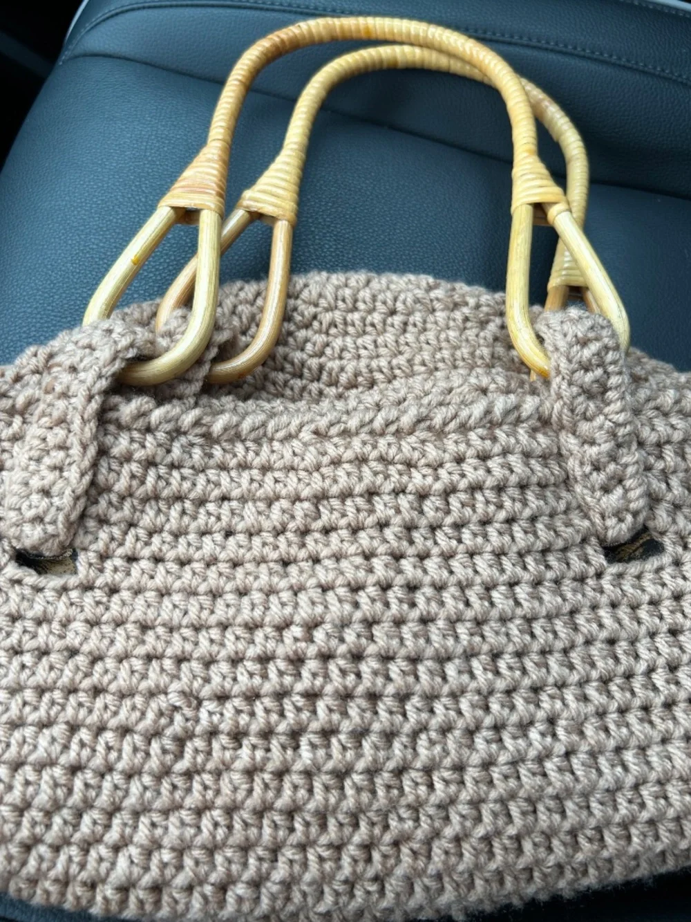 Crocheted Beige Bamboo Wooden Handle, Flower Applique, Pouch Style Bag *BOHO*